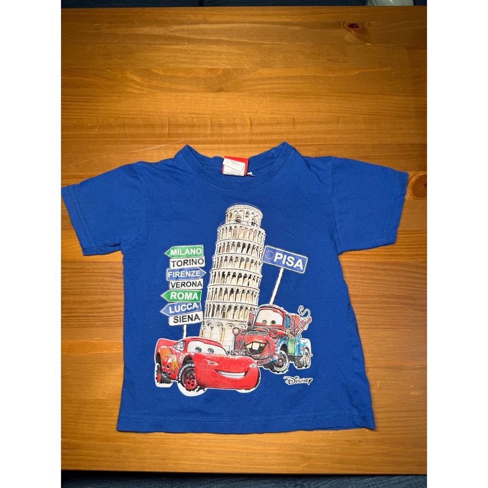 Disney Pixar Cars 2 Shirt Kids 3/4 Lightning McQueen Mater Pisa Italy Blue